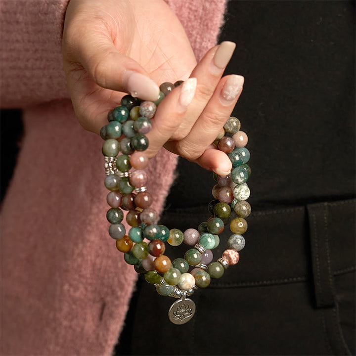 Buddha Stones 108Malaビーズ 天然石 インド瑪瑙 ロータス カームブレスレット