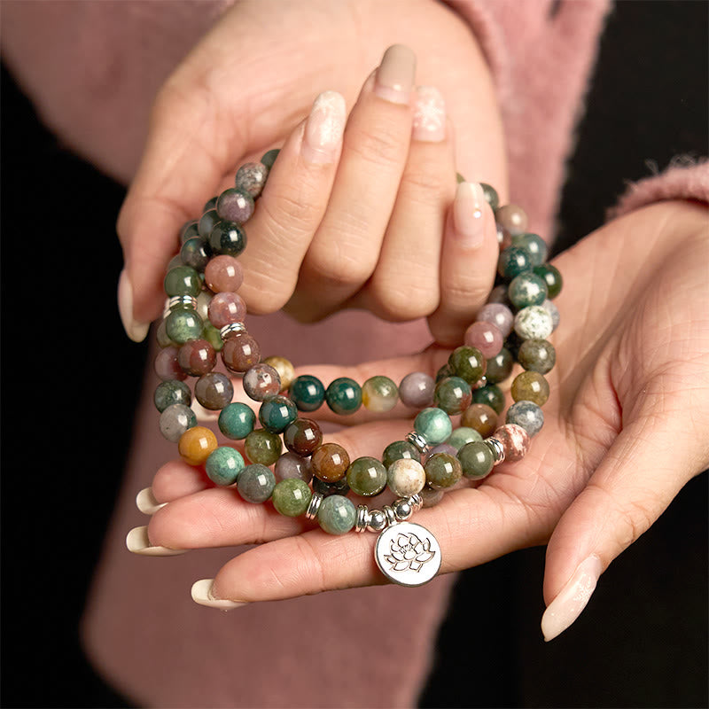 Buddha Stones 108Malaビーズ 天然石 インド瑪瑙 ロータス カームブレスレット