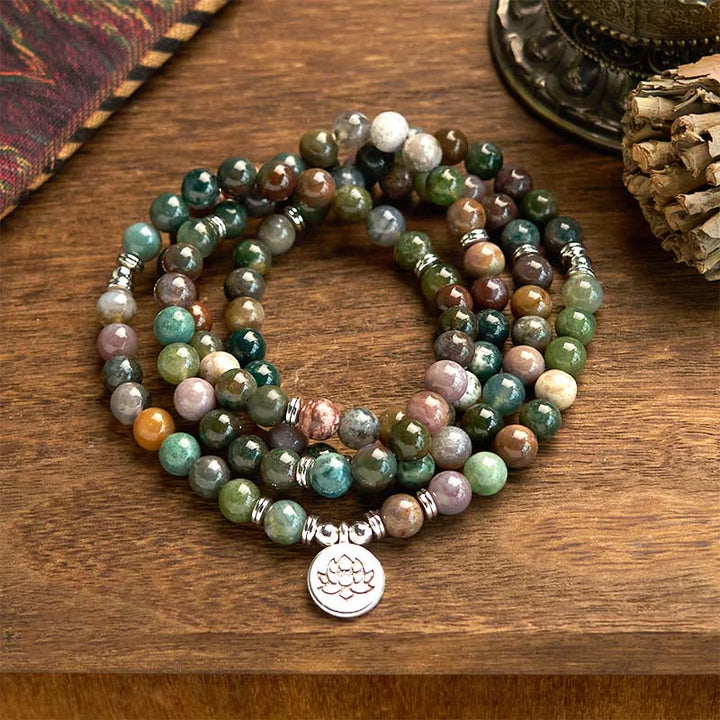 Buddha Stones 108Malaビーズ 天然石 インド瑪瑙 ロータス カームブレスレット