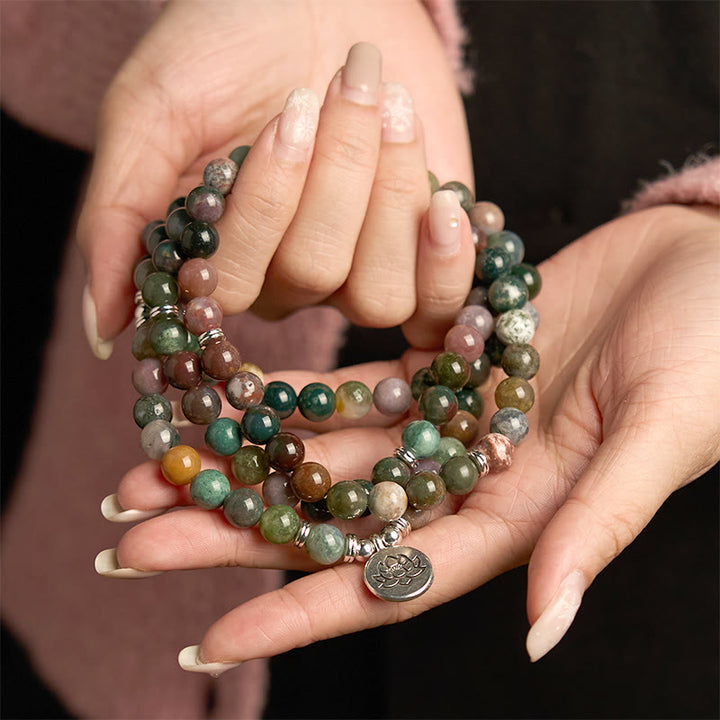 Buddha Stones 108Malaビーズ 天然石 インド瑪瑙 ロータス カームブレスレット