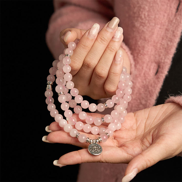 Buddha Stones 108Malaビーズ 天然石 ローズクォーツ ロータス ピースブレスレット