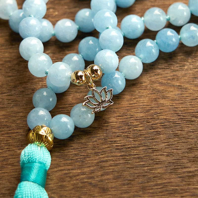 Buddha Stones 108Malaビーズ 天然石 アクアマリン タッセル ロータス ヒーリングブレスレット
