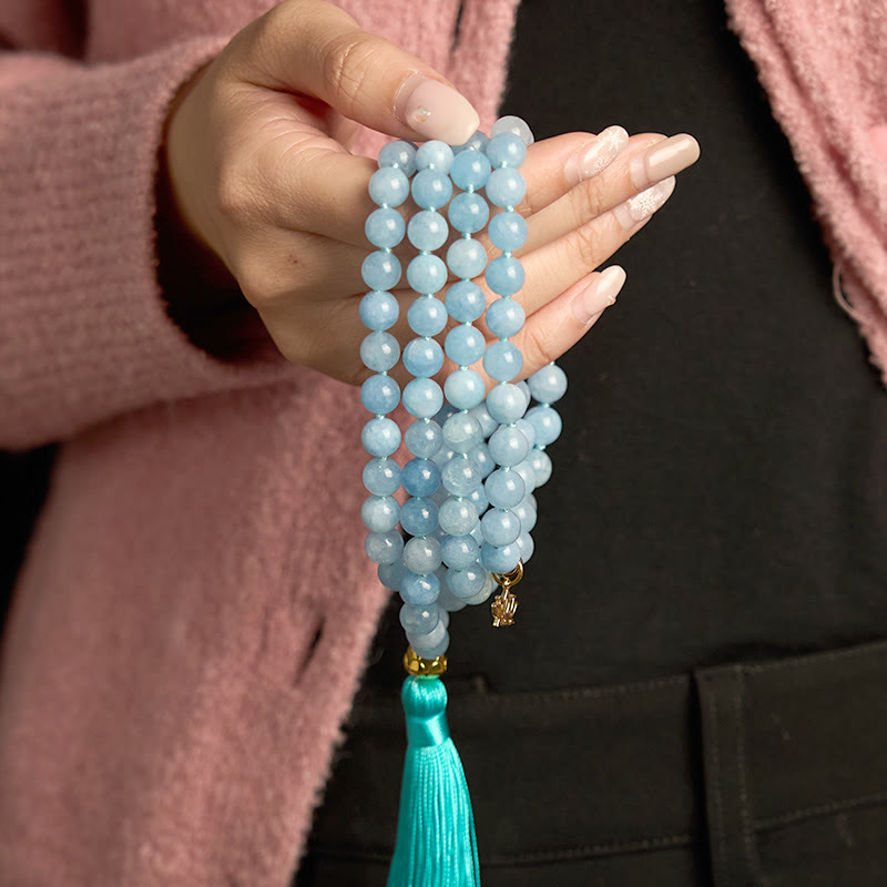 Buddha Stones 108Malaビーズ 天然石 アクアマリン タッセル ロータス ヒーリングブレスレット