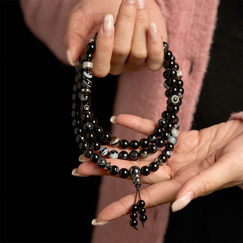 Buddha Stones 108Malaビーズ 天然石 ブラックオニキス 守護ブレスレット