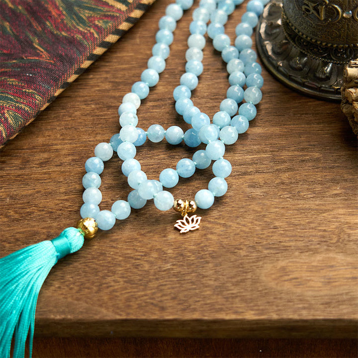 Buddha Stones 108Malaビーズ 天然石 アクアマリン タッセル ロータス ヒーリングブレスレット