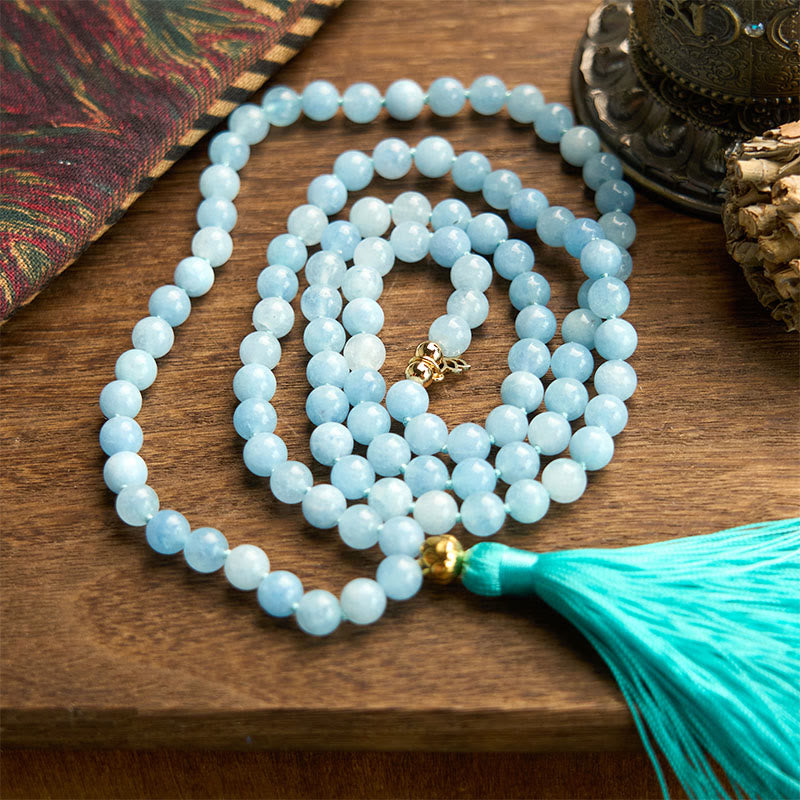 Buddha Stones 108Malaビーズ 天然石 アクアマリン タッセル ロータス ヒーリングブレスレット