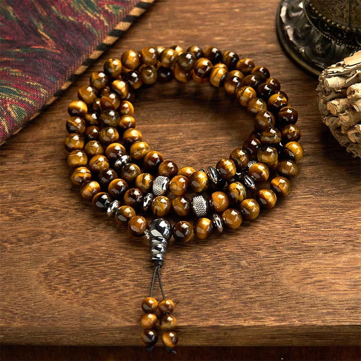 Buddha Stones 108Malaビーズ 天然石 タイガーアイ マルチターン プロテクションブレスレット