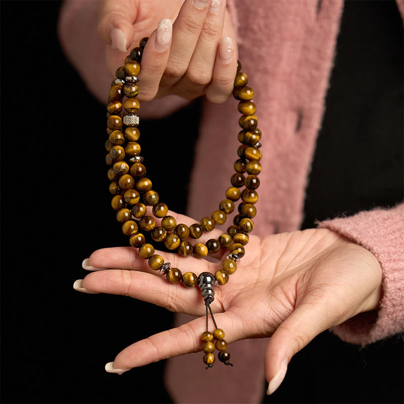 Buddha Stones 108Malaビーズ 天然石 タイガーアイ マルチターン プロテクションブレスレット