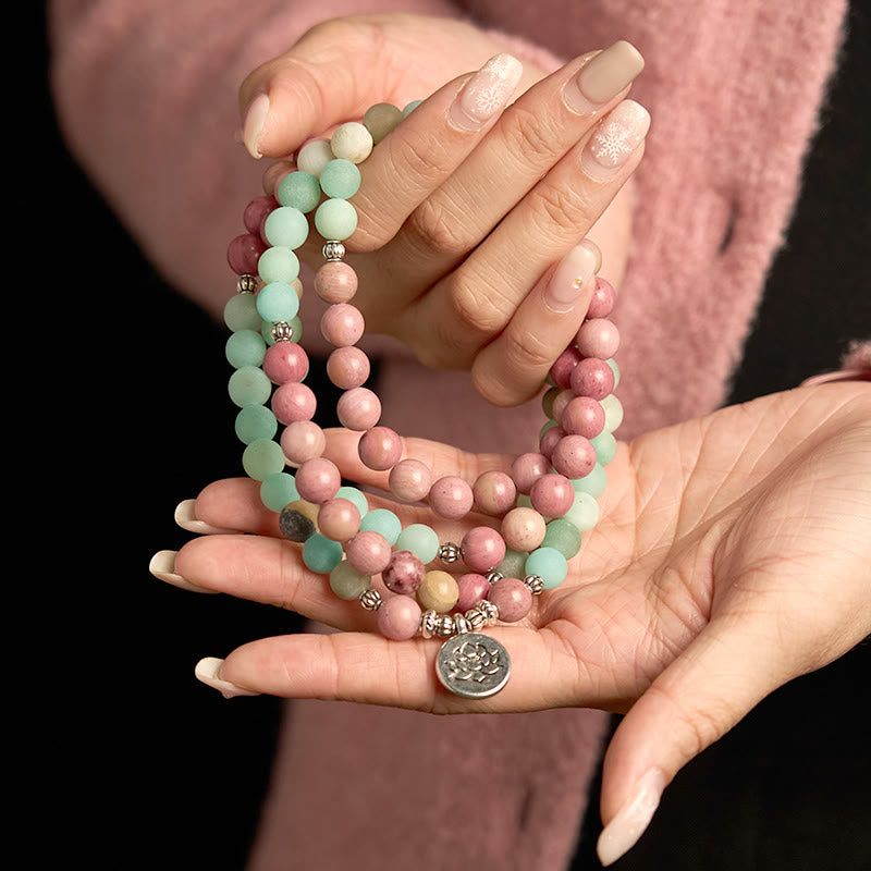 Buddha Stones108 個入りMalaビーズ ロードナイト アマゾナイト ロータス ヒーリングブレスレット