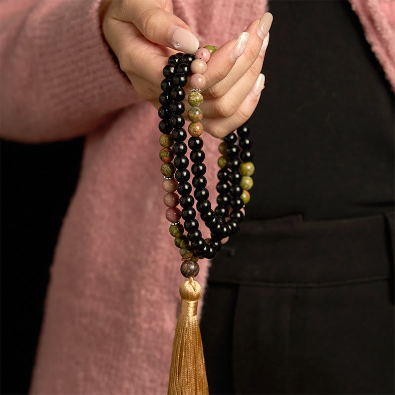 Buddha Stones 108 個入りMalaビーズ ブラックジャスパー ロードナイト カーキ タッセル ヒーリングブレスレット