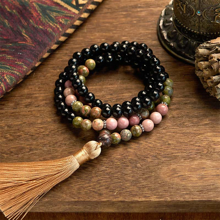 Buddha Stones 108 個入りMalaビーズ ブラックジャスパー ロードナイト カーキ タッセル ヒーリングブレスレット