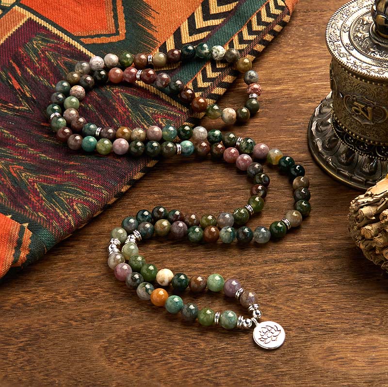 Buddha Stones 108Malaビーズ 天然石 インド瑪瑙 ロータス カームブレスレット