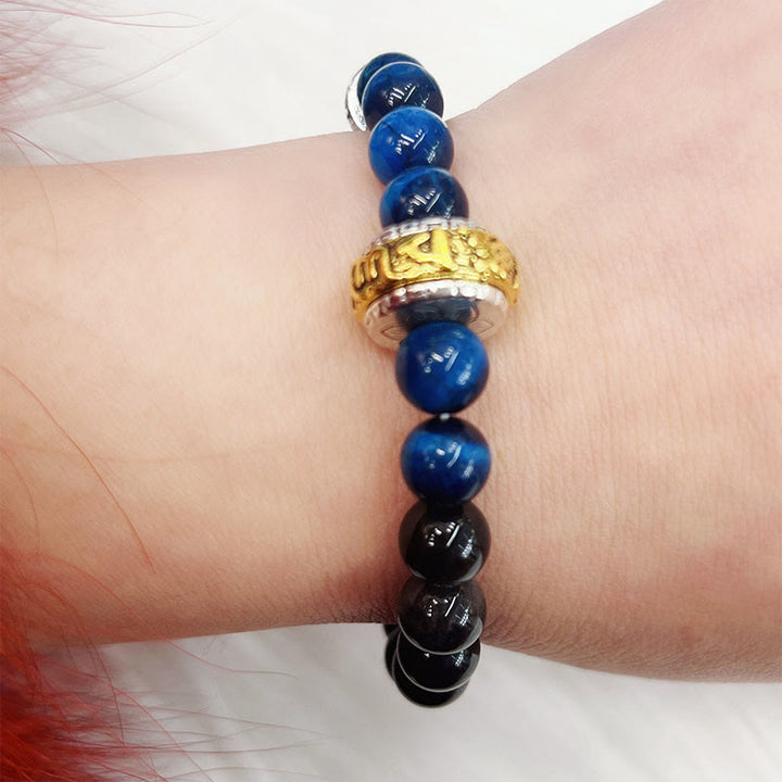 Buddha Stonesシルバーシーンオブシディアン ブルータイガーオーム・マニ・パドメ・フム守護ブレスレット