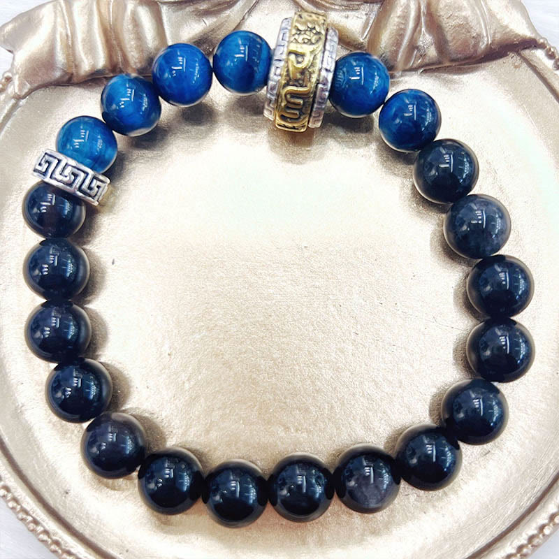 Buddha Stonesシルバーシーンオブシディアン ブルータイガーオーム・マニ・パドメ・フム守護ブレスレット
