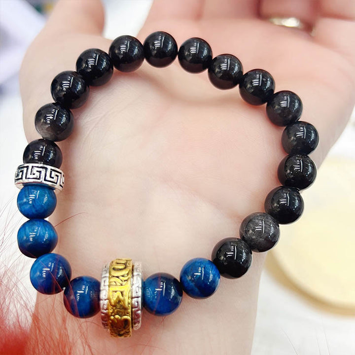 Buddha Stonesシルバーシーンオブシディアン ブルータイガーオーム・マニ・パドメ・フム守護ブレスレット