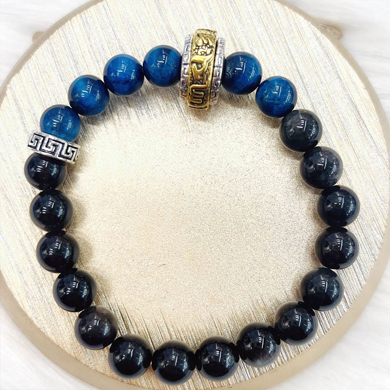Buddha Stonesシルバーシーンオブシディアン ブルータイガーオーム・マニ・パドメ・フム守護ブレスレット