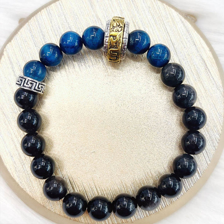 Buddha Stonesシルバーシーンオブシディアン ブルータイガーオーム・マニ・パドメ・フム守護ブレスレット