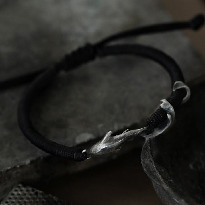 Buddha Stones999スターリングシルバー シャーク ブラックワックスロープ プロテクションブレスレット