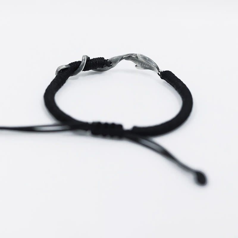 Buddha Stones999スターリングシルバー シャーク ブラックワックスロープ プロテクションブレスレット