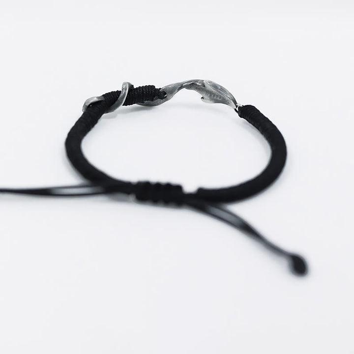 Buddha Stones999スターリングシルバー シャーク ブラックワックスロープ プロテクションブレスレット