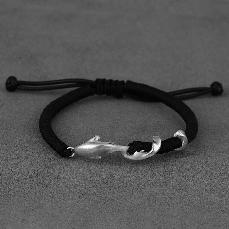 Buddha Stones999スターリングシルバー シャーク ブラックワックスロープ プロテクションブレスレット