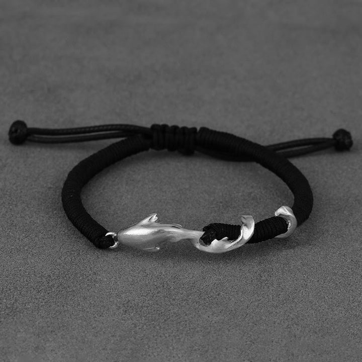 Buddha Stones999スターリングシルバー シャーク ブラックワックスロープ プロテクションブレスレット