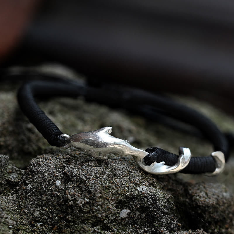 Buddha Stones999スターリングシルバー シャーク ブラックワックスロープ プロテクションブレスレット