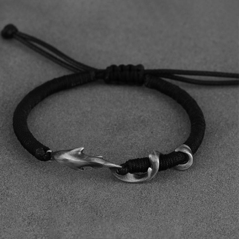 Buddha Stones999スターリングシルバー シャーク ブラックワックスロープ プロテクションブレスレット