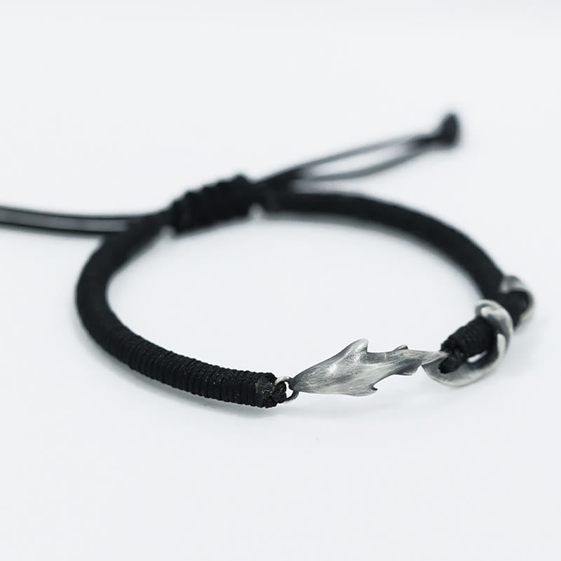 Buddha Stones999スターリングシルバー シャーク ブラックワックスロープ プロテクションブレスレット