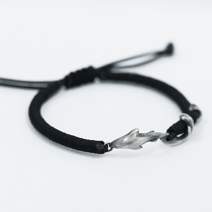 Buddha Stones999スターリングシルバー シャーク ブラックワックスロープ プロテクションブレスレット