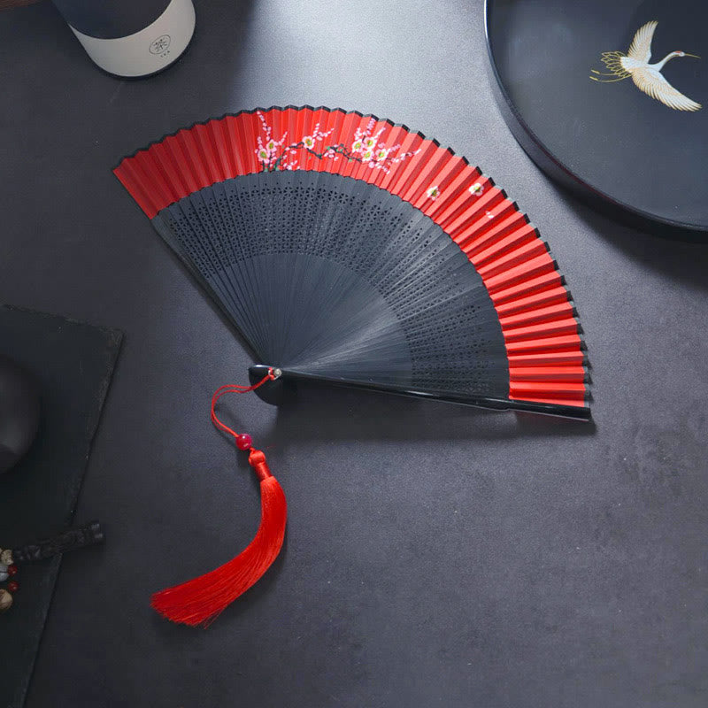 Buddha Stones、花、ウサギのスプレーペイント、手持ちコットンリネン生地、竹製扇子 - 中空梅の花 21cm - image 4
