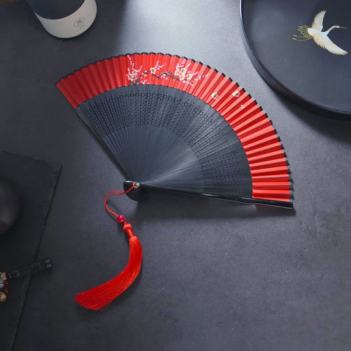 Buddha Stones、花、ウサギのスプレーペイント、手持ちコットンリネン生地、竹製扇子 - 中空梅の花 21cm - image 4