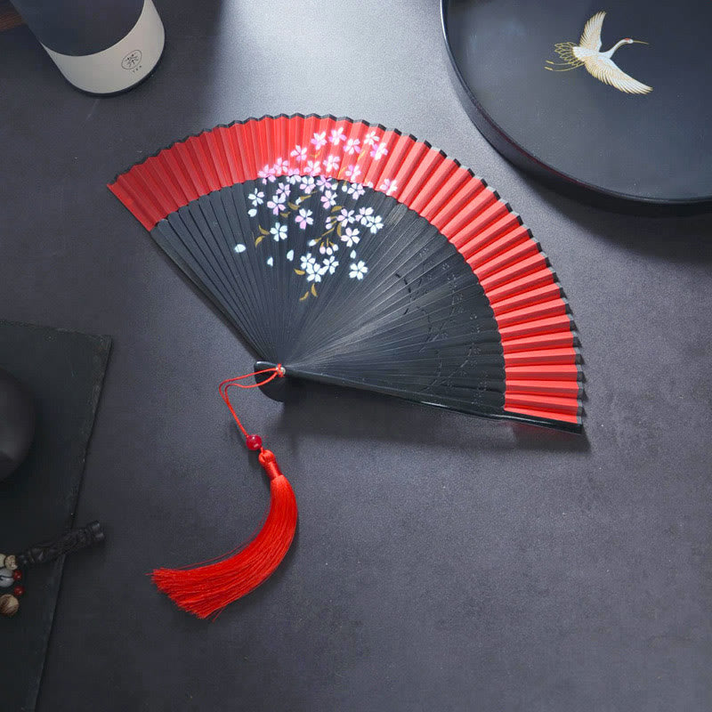 Buddha Stones、花、ウサギのスプレーペイント、手持ちコットンリネン生地、竹製扇子 - 赤黒桜 21cm - image 6