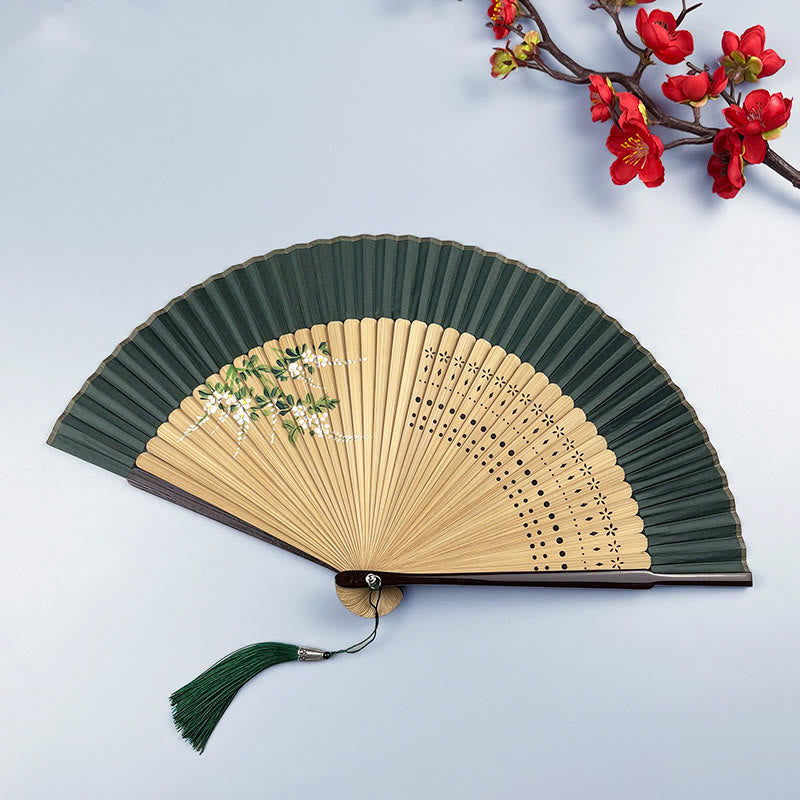 Buddha Stones、花、ウサギのスプレーペイント、手持ちコットンリネン生地、竹製扇子 - グリーンピーチブロッサム 21cm - image 8