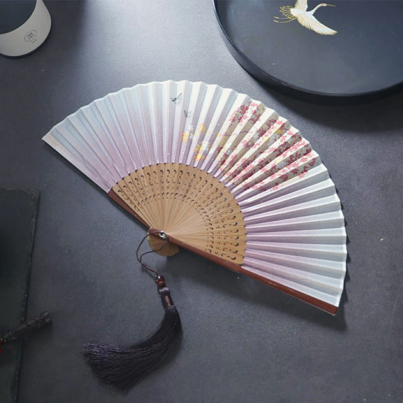 Buddha Stonesクチナシ 桜 月 手持ちポリエステル竹扇子 21cm