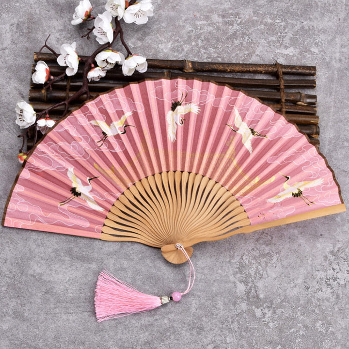 Buddha Stones、鶴、吉祥雲、単色グラデーションの手持ち竹製折りたたみ扇子 - 鶴雲ピンク 21cm - image 6