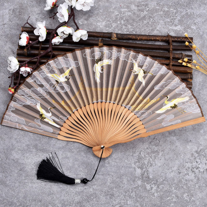 Buddha Stones、鶴、吉兆の雲、無地グラデーション、手持ちコットンリネン生地、竹製扇子