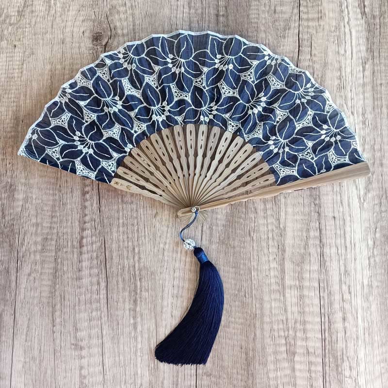 Buddha Stones、無地、中空花、刺繍、コットン生地、手持ち竹扇子