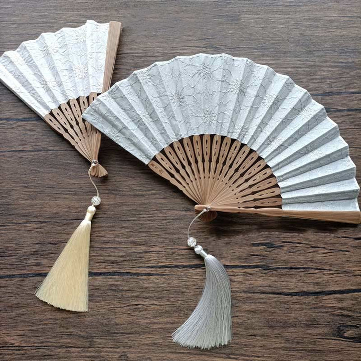 Buddha Stones、無地、中空花、刺繍、コットン生地、手持ち竹扇子