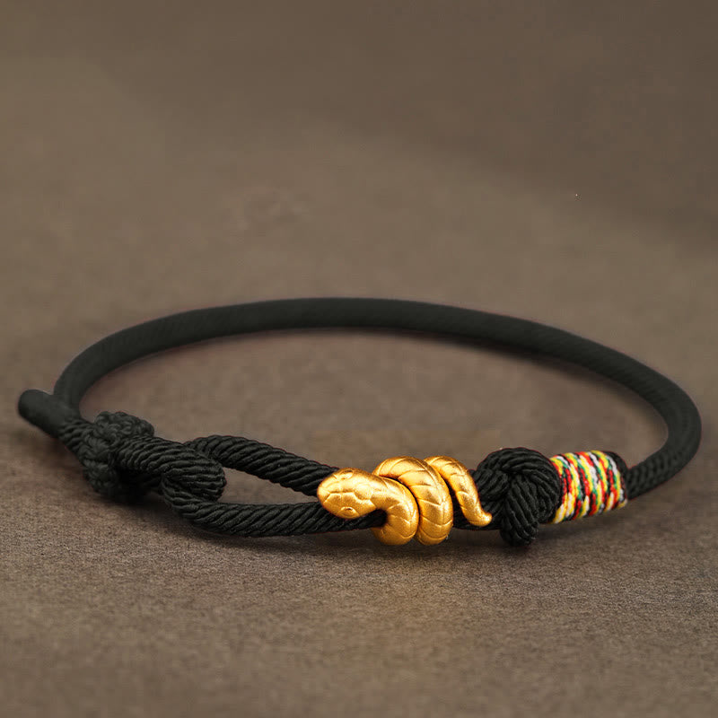 Buddha Stones999ゴールド 蛇年デザイン 手作り 幸運のお守り ロープ編みブレスレット - 黒 - 17～19cm - 金 0.48g - image 18