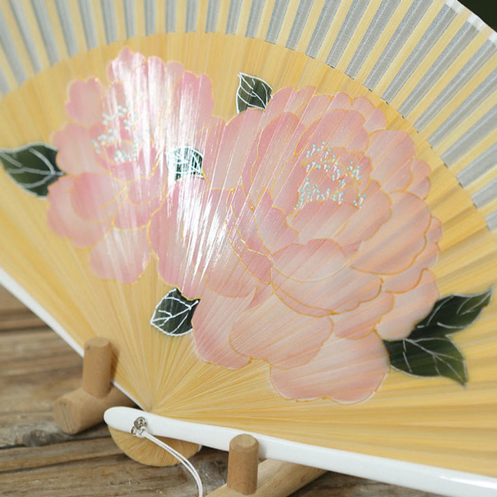 Buddha Stonesと牡丹の花のシルク製手持ち竹扇子