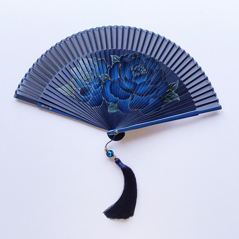 Buddha Stonesと牡丹の花のシルク製手持ち竹扇子