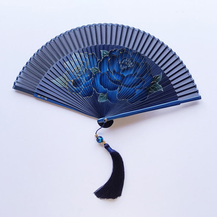 Buddha Stonesと牡丹の花のシルク製手持ち竹扇子