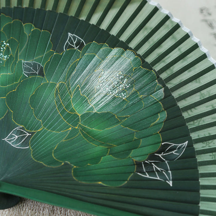 Buddha Stonesと牡丹の花のシルク製手持ち竹扇子