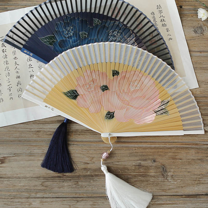 Buddha Stonesと牡丹の花のシルク製手持ち竹扇子