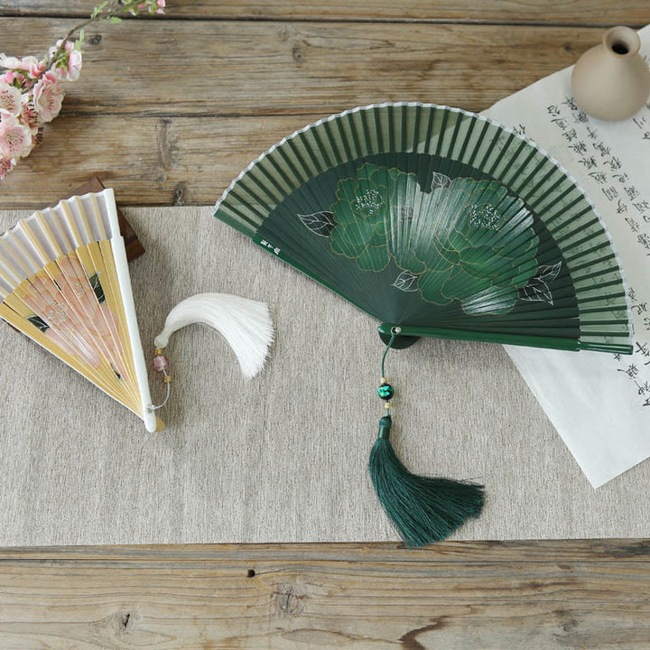 Buddha Stonesと牡丹の花のシルク製手持ち竹扇子
