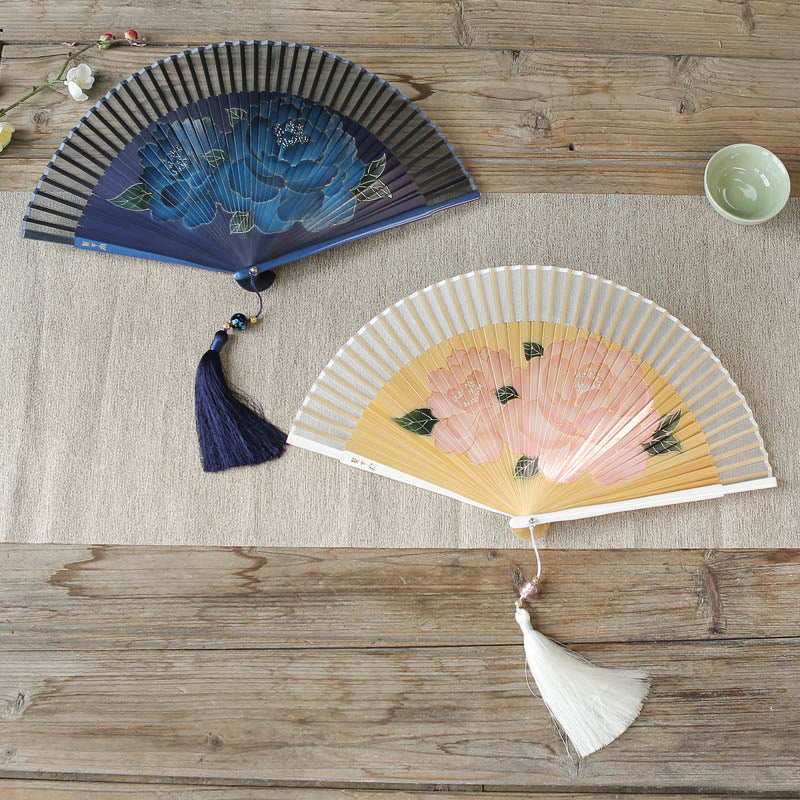 Buddha Stonesと牡丹の花のシルク製手持ち竹扇子