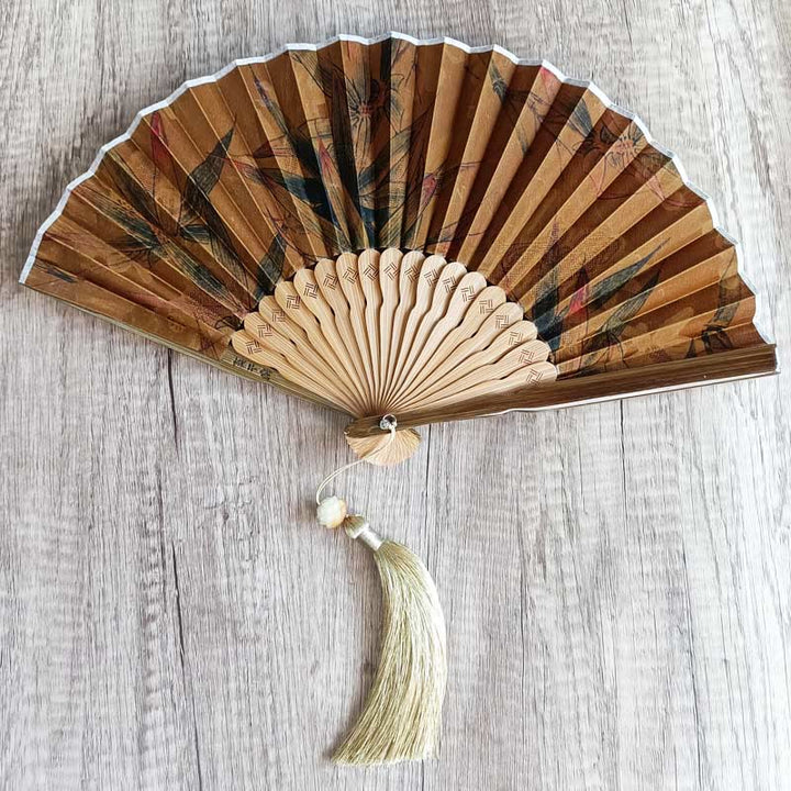 Buddha Stones、花、柿、竹の葉、翔雲社、シルク、手持ち竹扇子