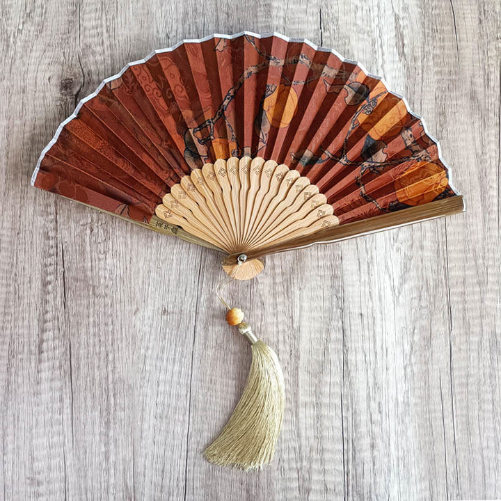 Buddha Stones、花、柿、竹の葉、翔雲社、シルク、手持ち竹扇子