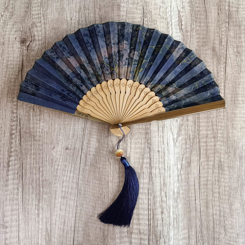 Buddha Stones、花、柿、竹の葉、翔雲社、シルク、手持ち竹扇子
